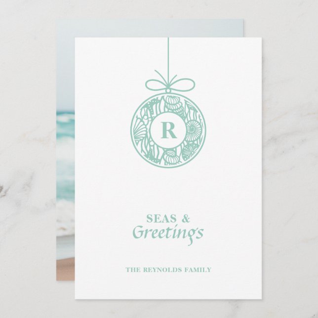 Seas and Greetings Seashell Ornament Holiday Card (Front/Back)