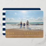 Seas and Greetings Single Photo Nautical<br><div class="desc">"Seas and Greetings" nautical themed Christmas foil holiday card. Card features elegant calligraphy "and" with navy blue and white stripe pattern backing.</div>