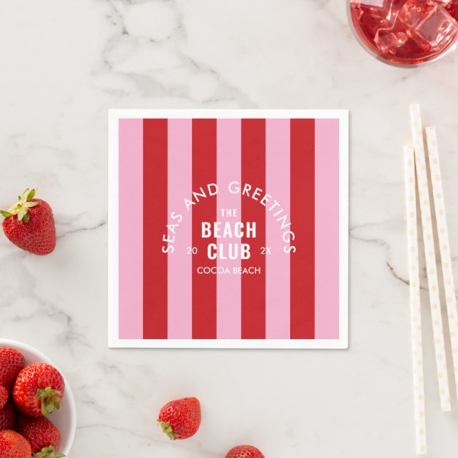 Seas And Greetings The Beach Club Pink Red Stripe Napkin (Insitu)