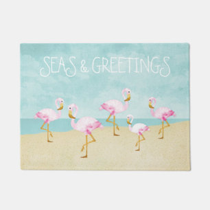 Seas and Greetings Watercolor Pink Flamingos Doormat