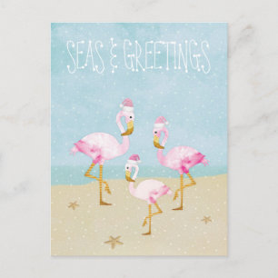 Seas and Greetings Watercolor Pink Flamingos Postcard