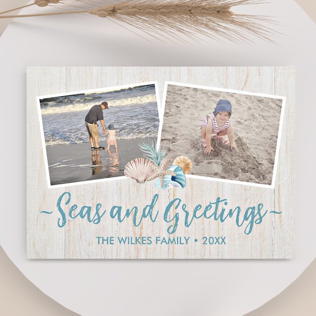 Seas & Greetings 5 Photo Beach Vacation Seashells Holiday Card (Creator Uploaded)