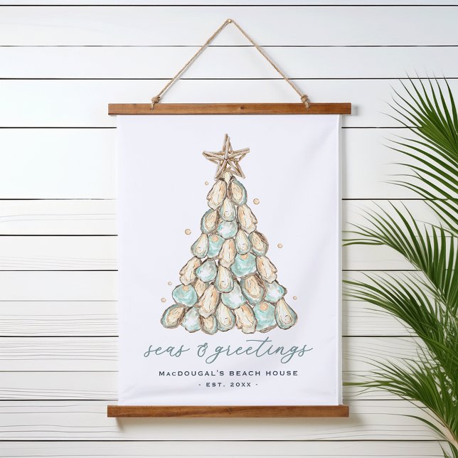 "Seas & Greetings" Beach House Christmas Oyster Hanging Tapestry (Creator Uploaded)