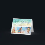 Seas & Greetings Beach Photo Holiday Folded Card<br><div class="desc">Send warm season's greetings with this beach-themed Christmas card. The coastal holiday photo cards features a sea green watercolor wave upon a sandy shore. Editable text atop the wave reads "Seas & Greetings" in blue-green calligraphy lettering. Three photos are located below the painted wave. To personalize, add a custom holiday...</div>