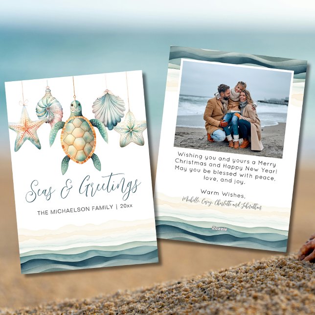 Seas & Greetings Coastal Christmas Photo Holiday Card (Seas and Greetings Photo Christmas Ornament Holiday Card)