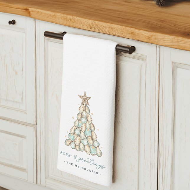 "Seas & Greetings" Coastal Oyster Christmas Tree Tea Towel (Creator Uploaded)
