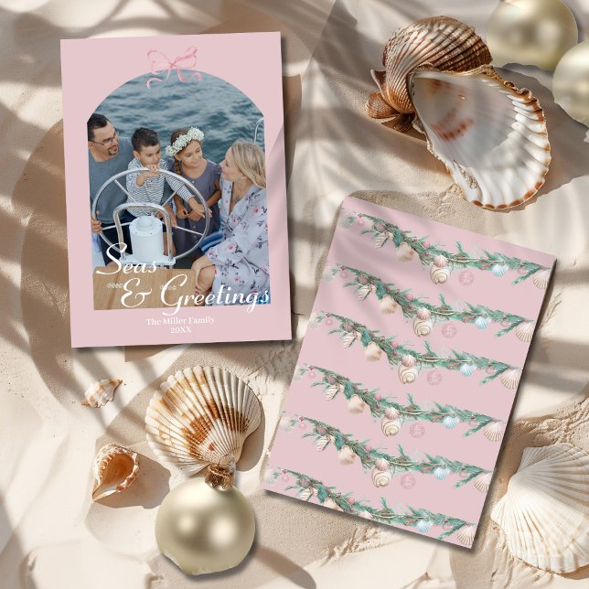 Seas & Greetings Dusty Pink Bow Arch Photo Holiday Card (Seas & Greetings Dusty Pink Bow Arch Photo Holiday Card)
