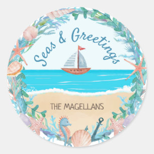 Seas & Greetings Nautical Beach Wreath Classic Round Sticker