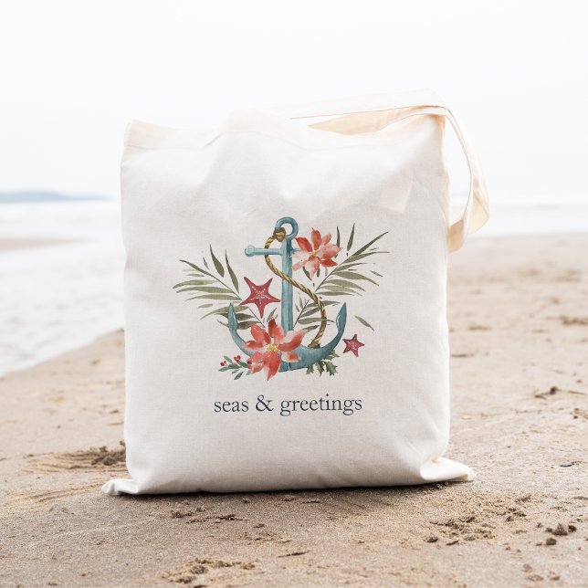 Seas & Greetings | Nautical Christmas Anchor Tote Bag (Creator Uploaded)