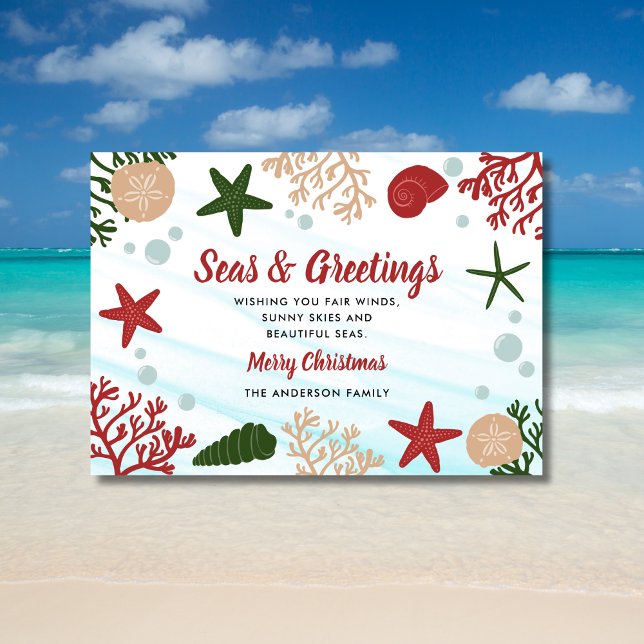 Seas & Greetings Nautical Ocean Beach Red Holiday Card (Creator Uploaded)