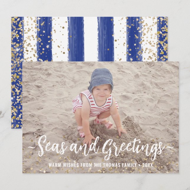 Seas & Greetings Photo Christmas Nautical Glitter Holiday Card (Front/Back)