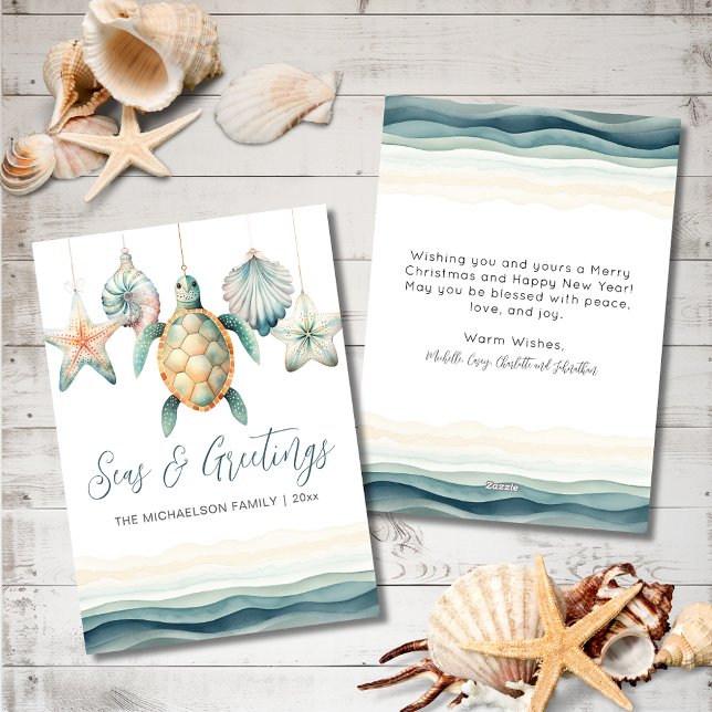 Seas & Greetings Watercolor Coastal Christmas  Holiday Card (Seas and Greetings Watercolor Christmas Ornament Holiday Card)