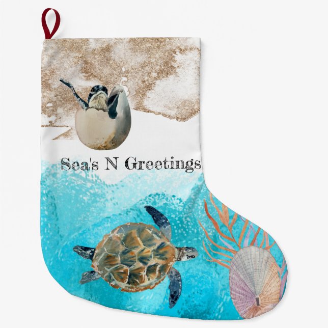 Sea's N Greetings beach ocean Large Christmas Stocking (Front)