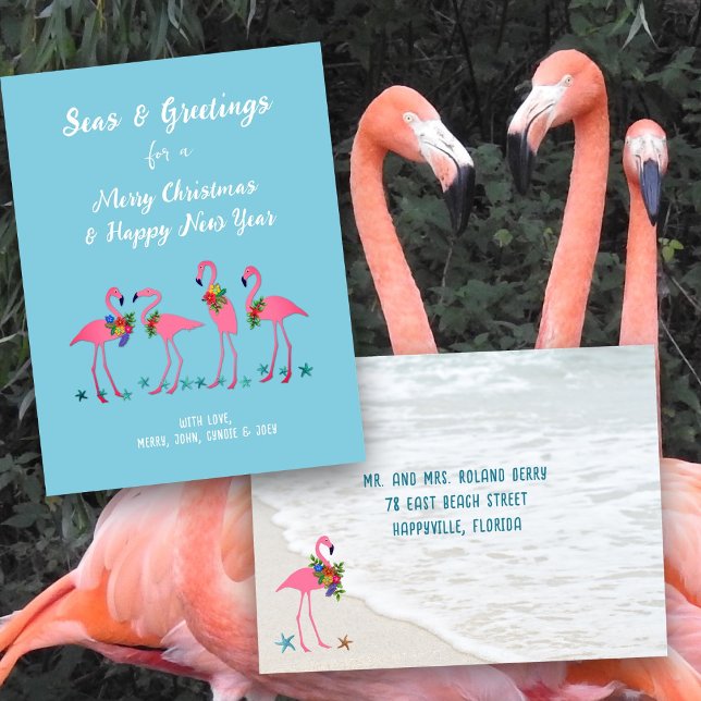Seas n Greetings Flamingos Custom Holiday Postcard (Creator Uploaded)
