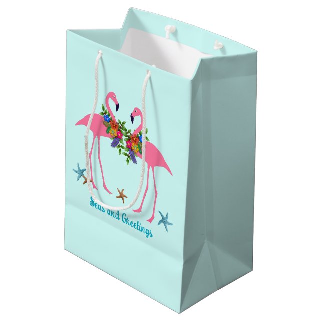 Seas n Greetings Pink Flamingos Christmas Medium Gift Bag (Back Angled)