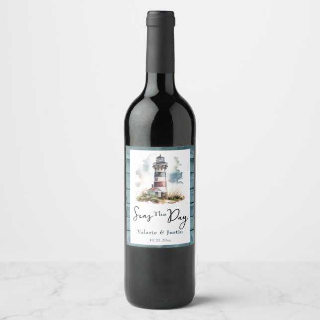 Seas the Day Lighthouse Wedding  Wine Label (Front)