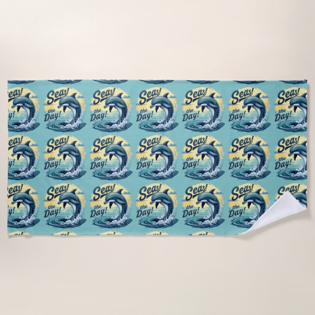 Seas the Day Retro Dolphin Ocean Aesthetic Beach Towel (Front)