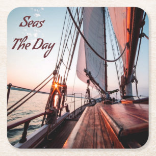 Seas The Day Sailing Boating Ocean Square Paper Coaster
