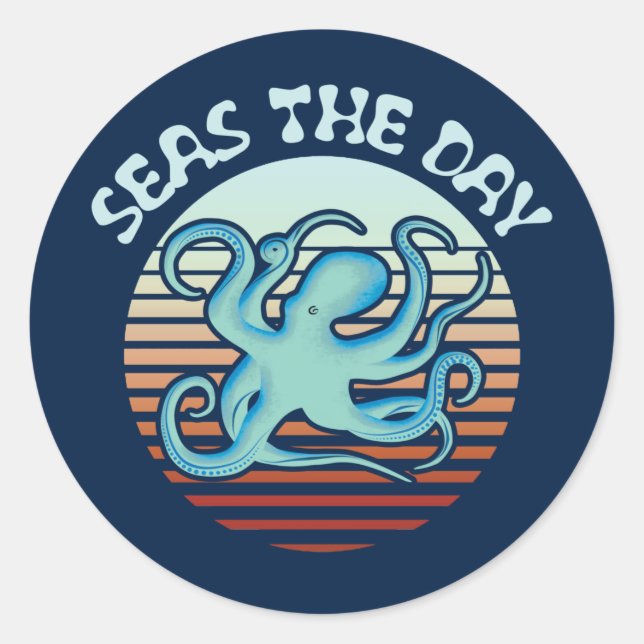 Seas The Day | Summer Vibes Octopus Classic Round Sticker (Front)