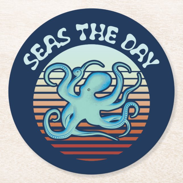 Seas The Day | Summer Vibes Octopus Round Paper Coaster (Front)