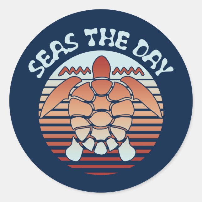 Seas The Day | Summer Vibes Turtle Classic Round Sticker (Front)