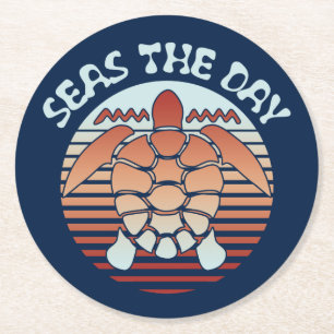Seas The Day   Summer Vibes Turtle Round Paper Coaster