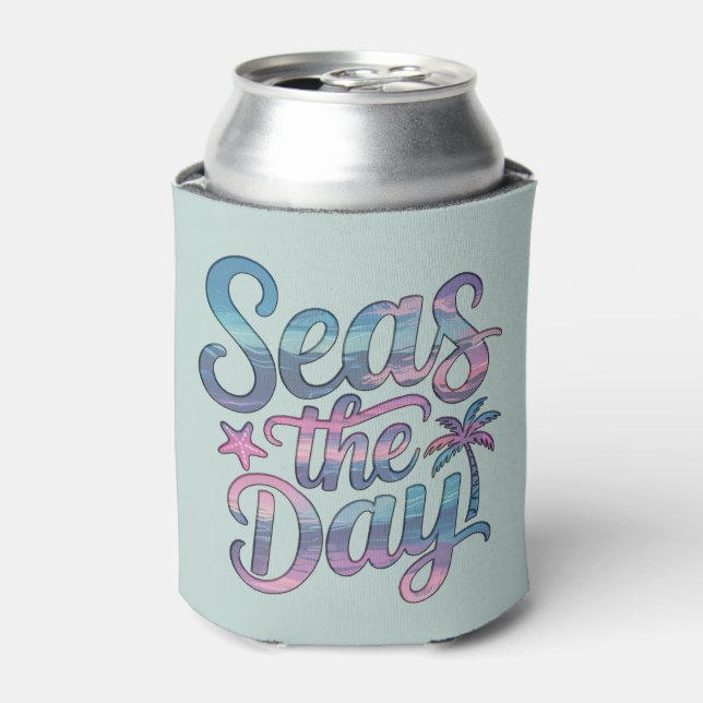 Seas the Day Tropical Beach Summer Sailing Fun Can Cooler (Can Front)