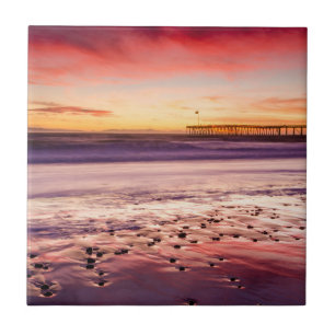 Seascape and pier at sunset, CA Tile