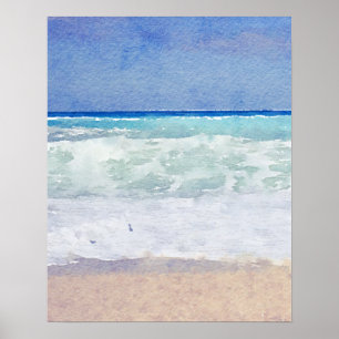 Seascape Beach and Waves Watercolor Poster