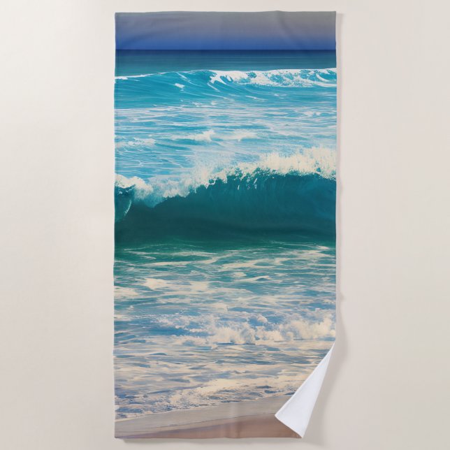 Seascape Blue Ocean Wave Beach Towel (Front)