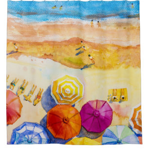 Seascape Love: Watercolor Vacation Painting Shower Curtain