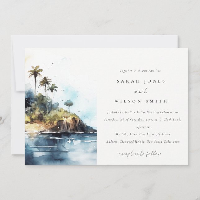 Seascape Palm Tree Island Watercolor Wedding Invitation (Front)