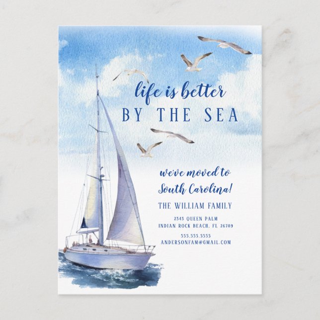 Seascape Sailboat Moving Announcement Postcard (Front)