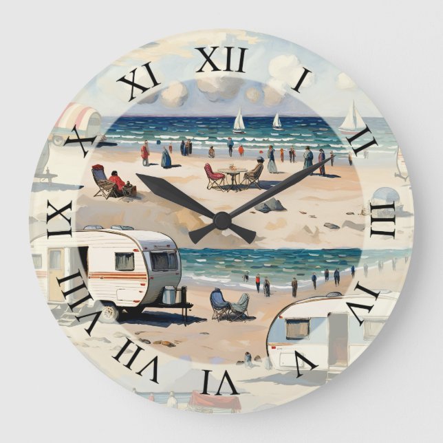 Seascape, Vintage Caravan on the Beach  Large Clock (Front)