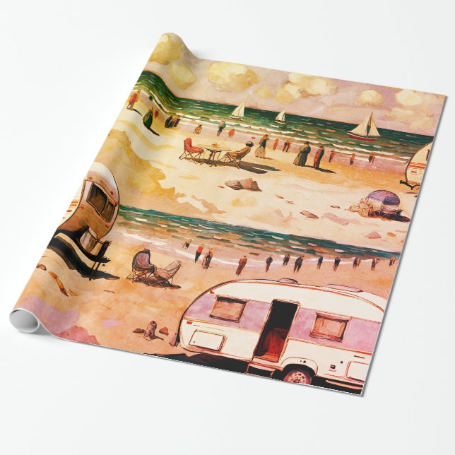 Seascape, Vintage Caravan on the Beach  Wrapping Paper (Unrolled)