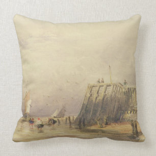 Seascape with Sailing Barges and Figures Wading Of Cushion