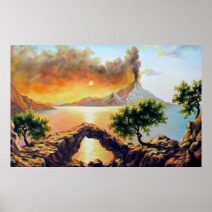 Seascape with the eruption of the volcano, oil on  poster