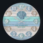 Seashell and Beach Wood Nautical - Blue Teal  Large Clock<br><div class="desc">Square Wall Clock. Add style to the home. Featuring a soft tan, blue and teal Beach Wood Stripes and nautical design with a seashells design . ⭐This Product is 100% Customisable. Graphics and / or text can be added, deleted, moved, resized, changed around, rotated, etc... 99% of my designs in...</div>