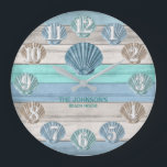 Seashell and Beach Wood Nautical - Blue Teal  Large Clock<br><div class="desc">Square Wall Clock. Add style to the home. Featuring a soft tan, blue and teal Beach Wood Stripes and nautical design with a seashells design . ⭐This Product is 100% Customisable. Graphics and / or text can be added, deleted, moved, resized, changed around, rotated, etc... 99% of my designs in...</div>