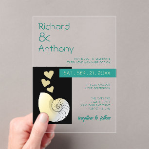 Seashell and Hearts, Beach Wedding Acrylic Invitations