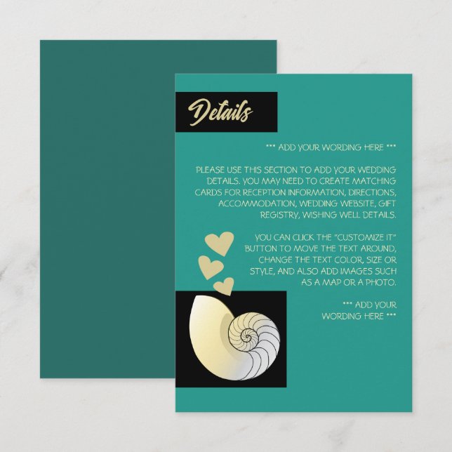 Seashell and Hearts, Beach Wedding Detail Enclosure Card (Front/Back)