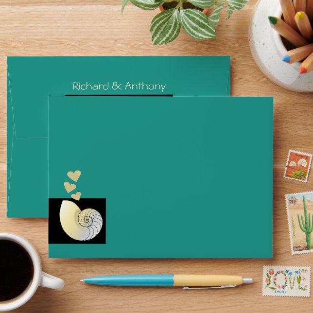 Seashell and Hearts, Beach Wedding Envelope (Desk)