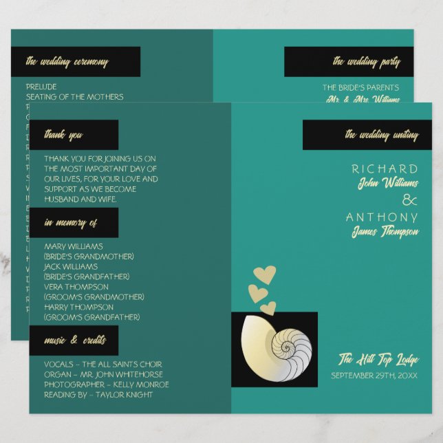 Seashell and Hearts, Beach Wedding Programme (Front/Back)