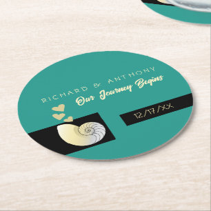 Seashell and Hearts, Beach Wedding Round Paper Coaster
