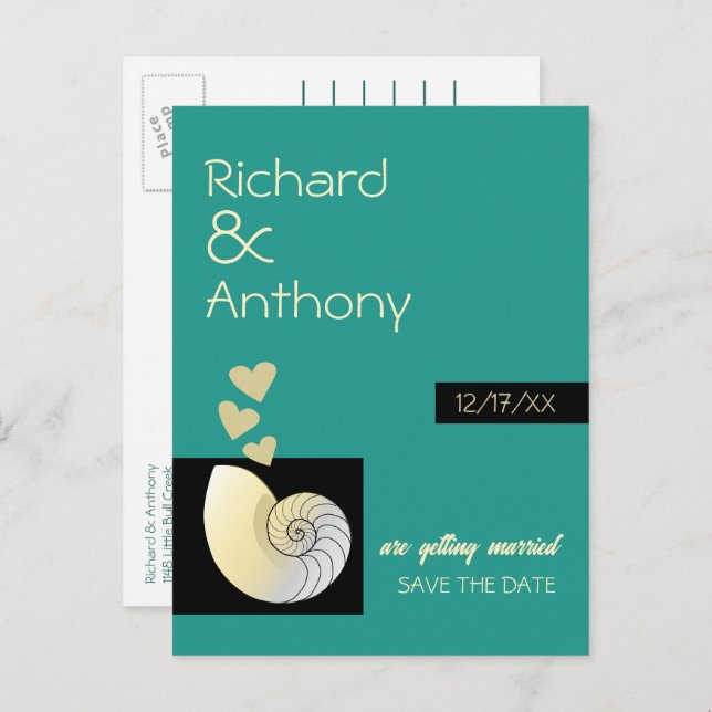 Seashell and Hearts, Beach Wedding Save the Date Announcement Postcard (Front/Back)