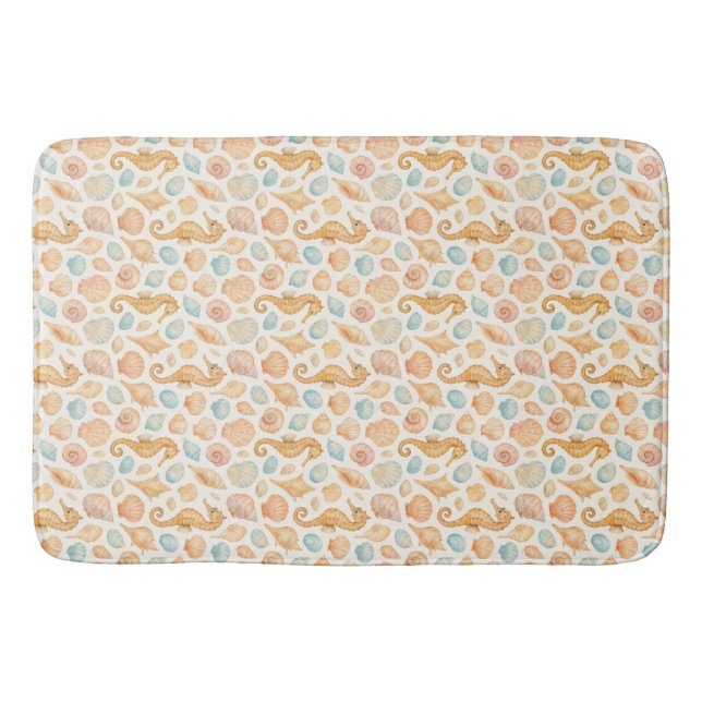 Seashell and seahorse watercolor pattern bath mat (Front)