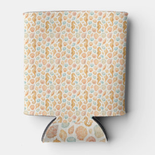 Seashell and seahorse watercolor pattern can cooler