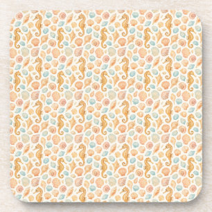 Seashell and seahorse watercolor pattern coaster