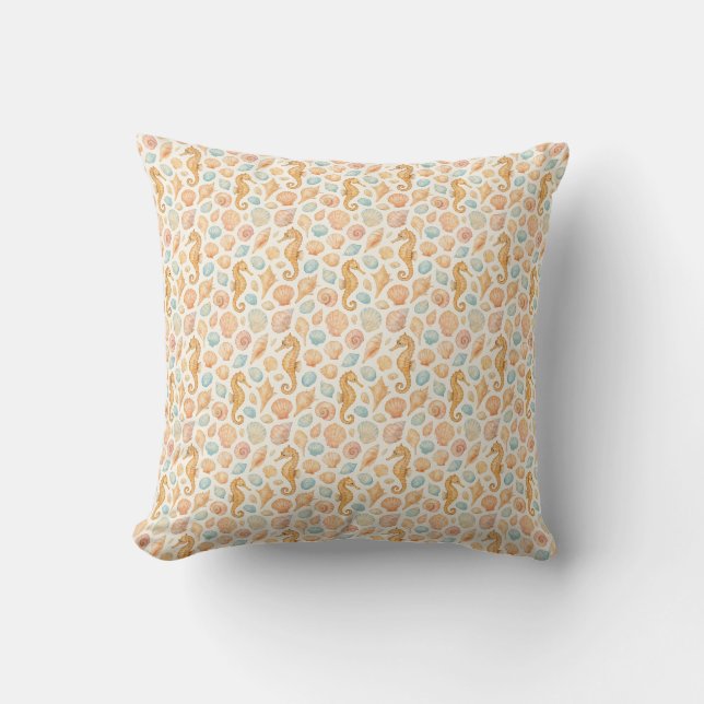 Seashell and seahorse watercolor pattern cushion (Front)
