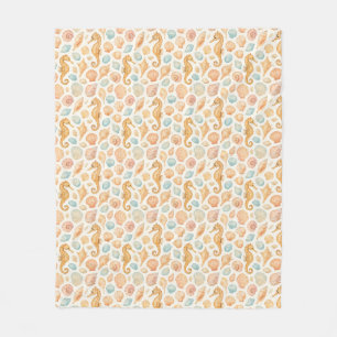 Seashell and seahorse watercolor pattern fleece blanket